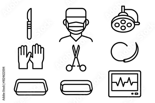 Medical tools and symbols set in linear style for healthcare design