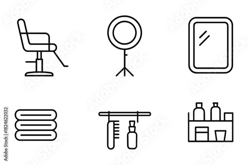 Barber and salon essentials: minimalist chair, mirror, and tools collection