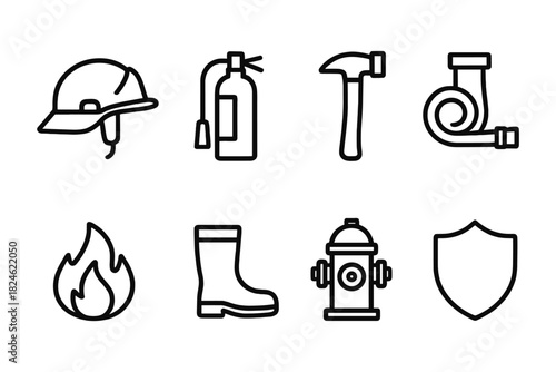 Essential firefighter equipment icons in modern linear style