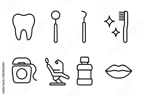 Dental care icons: tooth, floss, chair, mouthwash, and more in simple line art