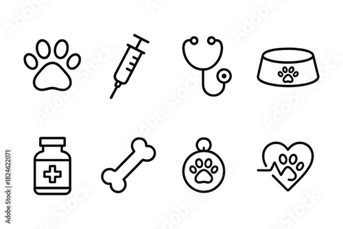 Essential line icons for pet care and veterinary services