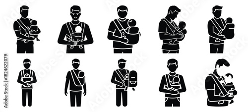 father holding baby icon set, black color and white background