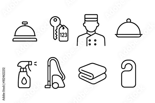 Minimalist hotel services icons: bell, room, cleaning, and dining essentials