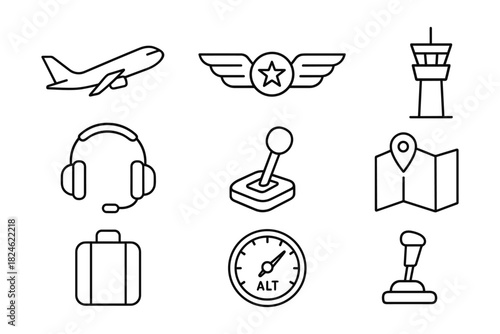 Aviation line art icons: aircraft, control tower, headset and navigation