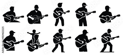 father playing guitar icon set, black color and white background