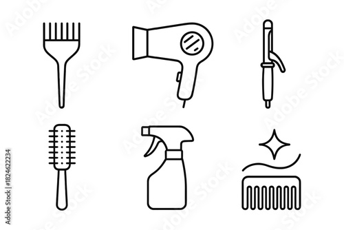 Minimalist hair salon tools: hairdryer, brush, comb, spray, iron design