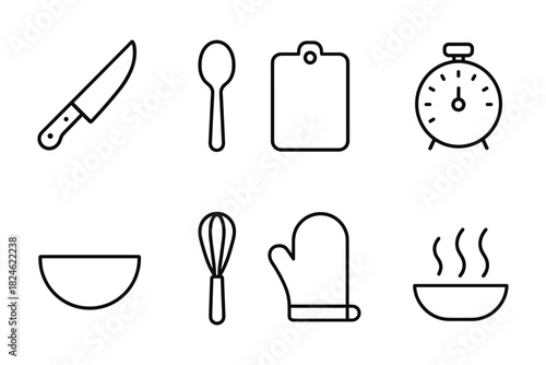 Minimalist cooking icons set: utensils, timer, and kitchenware line art collection