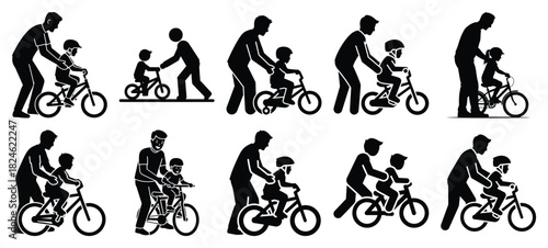 father teaching bike icon set, black color and white background