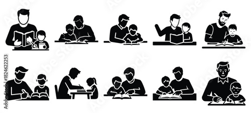 father teaching homework icon set, black color and white background