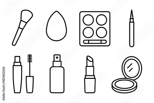 Linear makeup icon set featuring lipstick, brush, and mirror in minimalist style