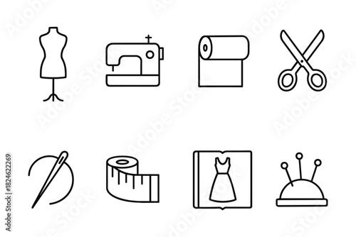 Sewing icons: sewing machine, scissors, and more in linear style
