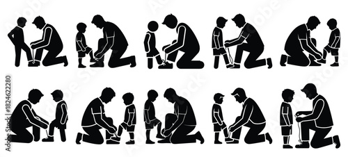 father tying son icon set, black color and white background