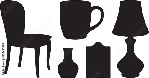 Black Silhouettes of Furniture and Household Objects on White Background chair