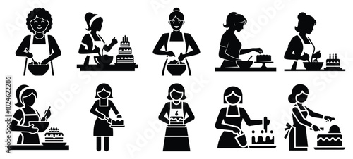 mom baking cake icon set, black color and white background