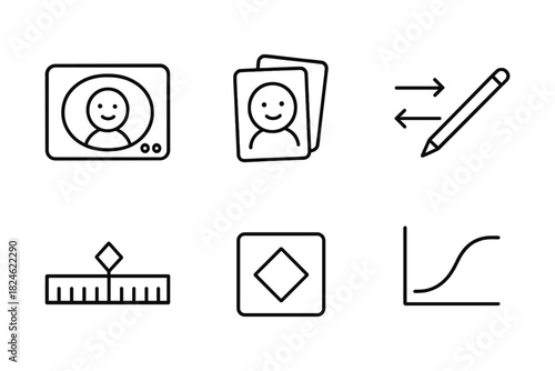 Minimalist icon set: media, editing, and design tools in black linear style
