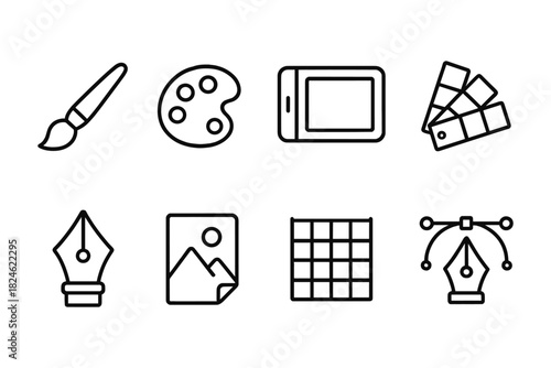 Art tools icon set: brush, palette, graphics tablet, color swatches, pen nib, design grid, vector editing
