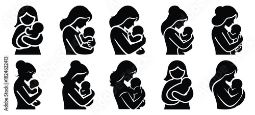 mother carrying baby icon set, black color and white background