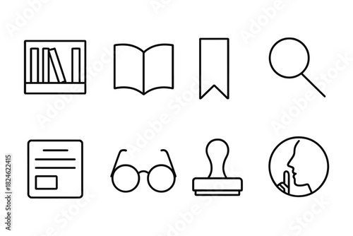 Minimalist library icon set featuring books, magnifying glass, and glasses in linear style