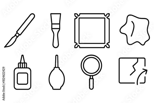 Art restoration tools outline set for conservation and repair projects