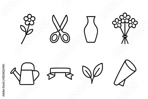 Minimalistic gardening and floral icon set featuring tools and plants
