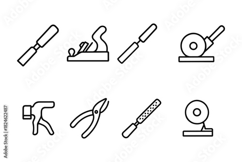 Woodworking tools outline: chisel, plane, and file icons for diy projects