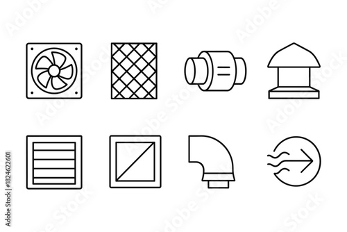 Linear hvac icons set featuring ventilation, air filtration, and ductwork elements