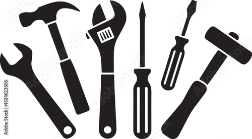 Collection of Black Silhouettes of Various Hand Tools and Wrenches on White Background Keywords: tools, wrench, hammer, screwdriver, spanner