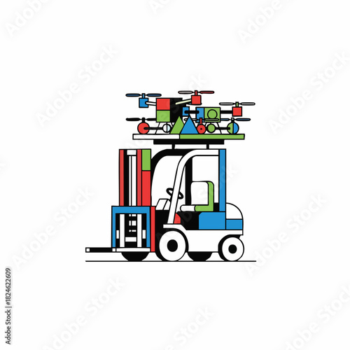 Modern forklift carrying cargo and drones representing technology and transport.
