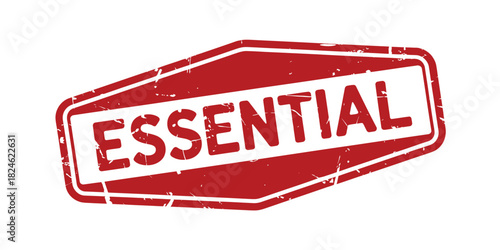 Red hexagonal stamp with the word essential