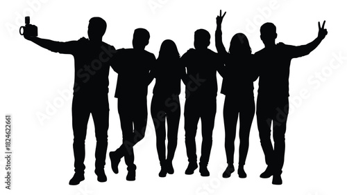 Group of friends taking a selfie silhouette isolated on white background, Vector