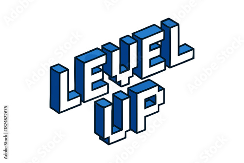 Isometric blue 3d level up text design for gaming and motivation themes