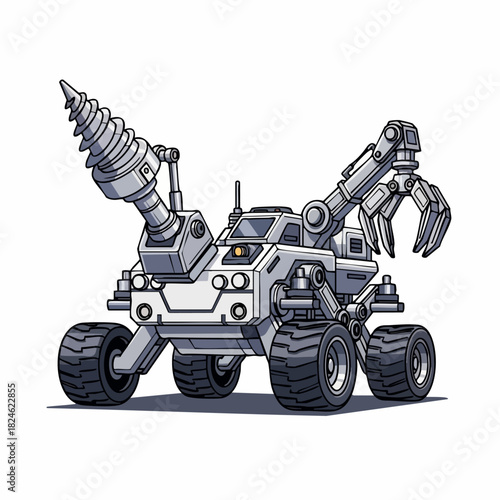 Detailed illustration of a futuristic robotic mining vehicle with drill and claw.