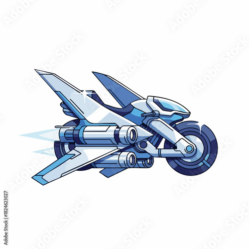 Futuristic flying motorcycle with jet engines and wings.