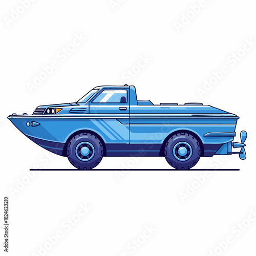 Blue amphibious vehicle combining truck and boat design.