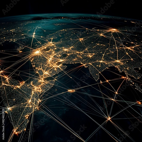 Global network connections visualized from space create stunning modern tech backdrop for business communications & presentations worldwide