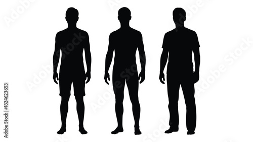 Three male silhouettes isolated on white background, Vector