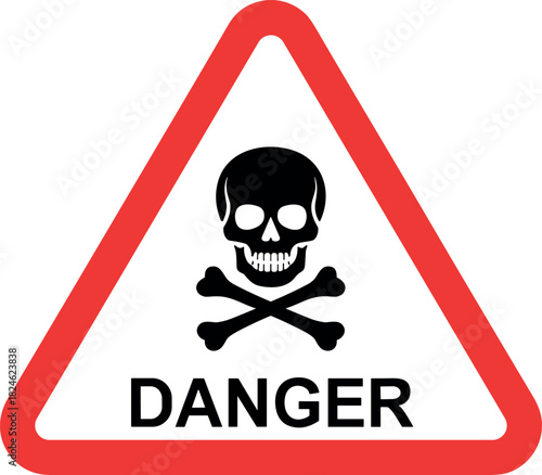 Red triangle warning sign with black skull and crossbones symbol and the word danger, isolated on white background, warning symbol