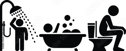 Bathroom hygiene icons: showering, bathing, and toilet use routine.