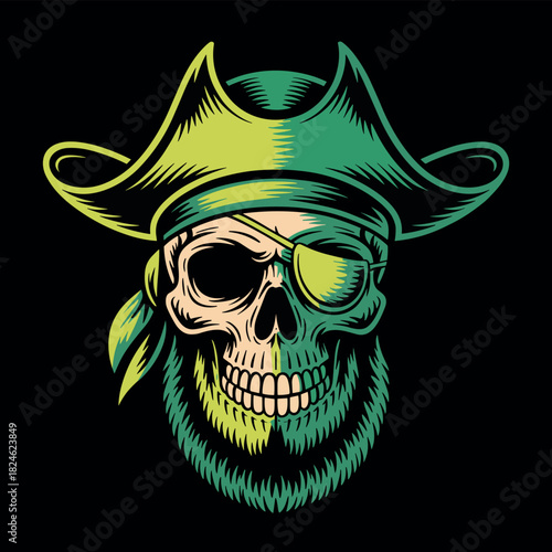 Pirate skull with bandana and eye patch, menacing, adventurous, illustrative, a symbol of danger, treasure, and the sea, vibrant colors.