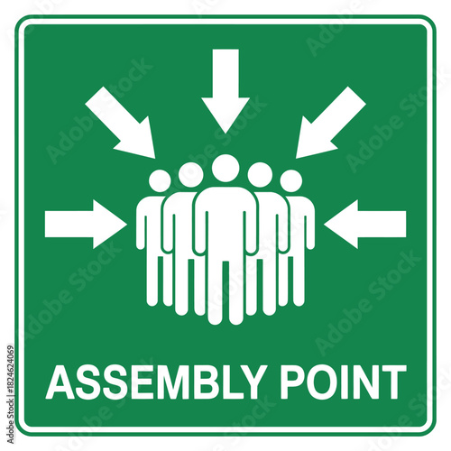 Green assembly point sign with white arrows and figures