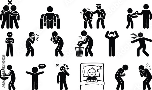 Stick figures depicting various social problems and health issues