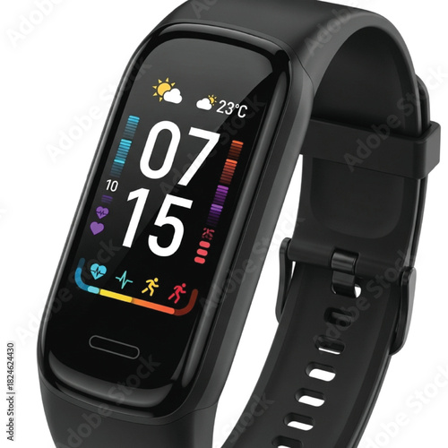 Black fitness tracker smartwatch with colorful display and black strap wearable technology