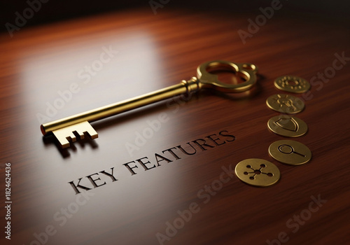 A golden key resting on a wooden surface with the words 'KEY FEATURES' and several icons.