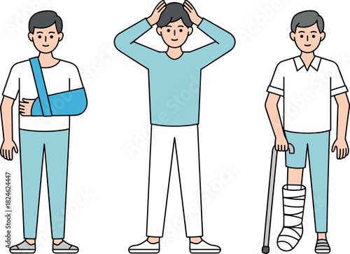 Three men displaying injuries: one with a broken arm in a sling, one distressed with head in hands, and one with a broken leg in a cast and crutch.