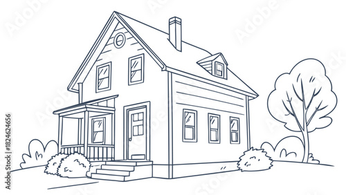 Monochrome Line Art Sketch of Suburban House with Porch and Landscape