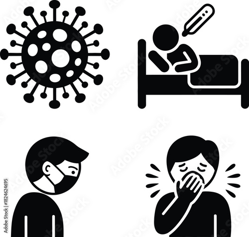 Coronavirus disease, symptoms, prevention, and ill patient icons