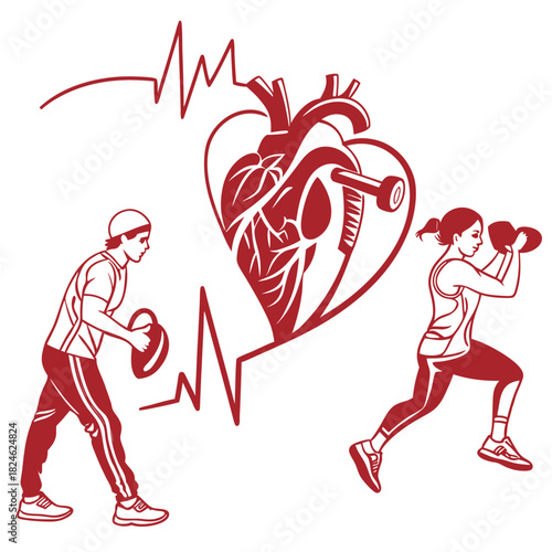 Cardio Fitness and Healthy Heart Concept with EKG Line, Dumbbell, and People Exercising