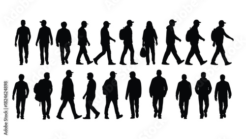 Set of walking people silhouettes isolated on white background, Vector