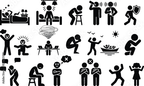 Emotional and psychological human states stick figure icons set.