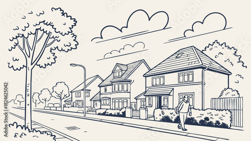 Line Art Sketch of Suburban Street with Houses, Trees, Man Walking, and Clouds
